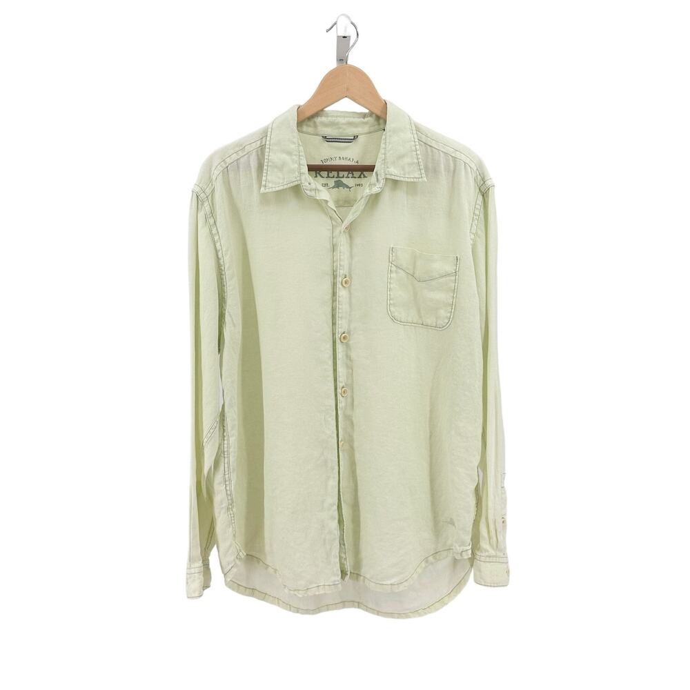 Tommy Bahama Green Linen Button Up Long Sleeve Shirt Mens L Relaxed Fit Collared